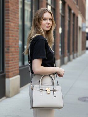 Michael Kors Hamilton Saffiano Leather Medium Satchel Light Grey Gold Hardware